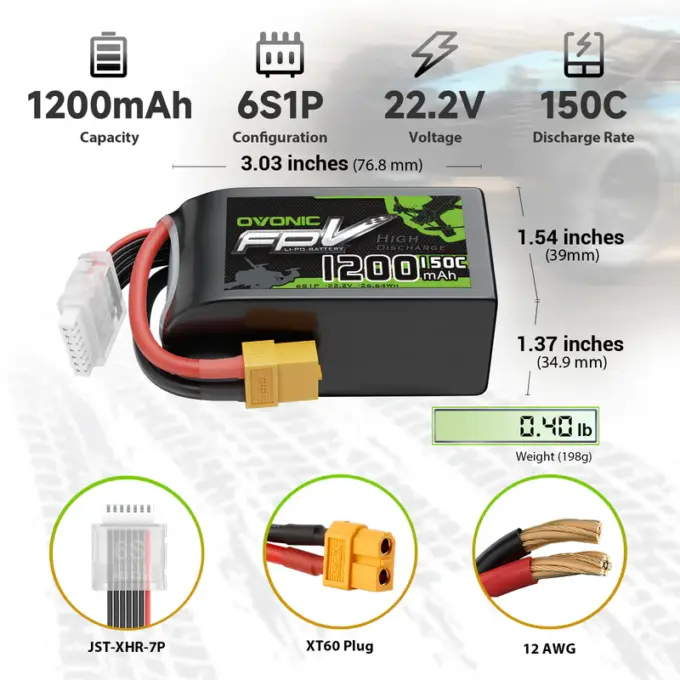 Ovonic 1200mAh 6S 22.2V 150C Lipo Battery with XT60 Plug