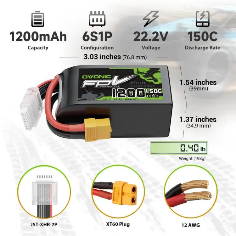 Ovonic 1200mAh 6S 22.2V 150C Lipo Battery with XT60 Plug