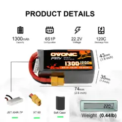 Ovonic 6S 1300mAh 22.2V 120C LiPo Battery - XT60 Plug
