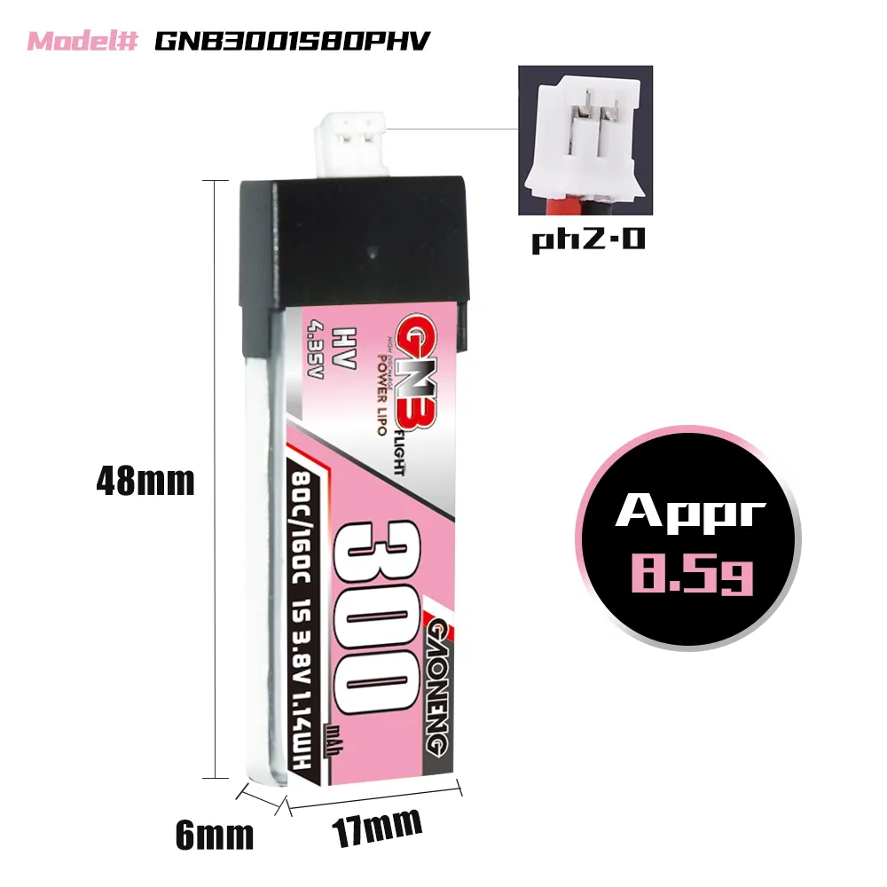 GAONENG GNB LiHV 300mAh 1S 3.8V 80C PH2.0 Plastic Head LiPo Battery