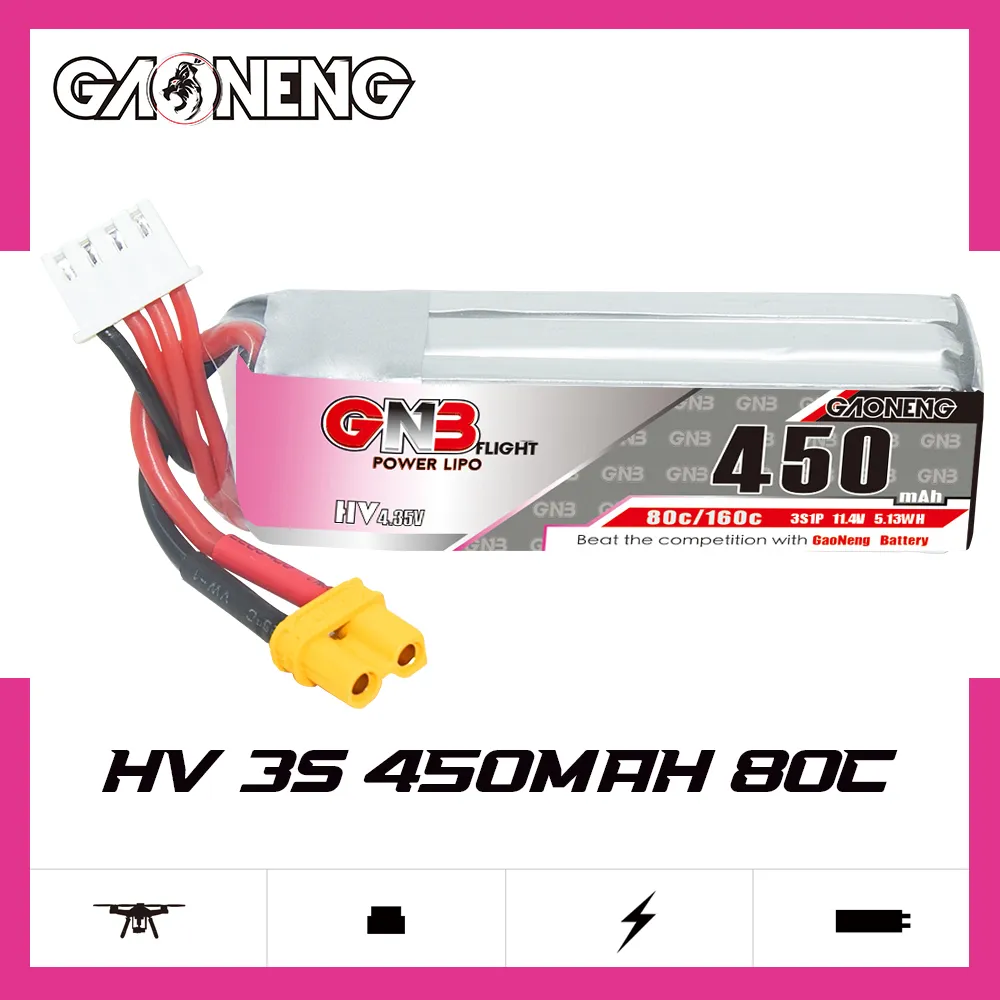 GNB LiHV 450mAh 3S 11.4V 80C XT30 LiPo Battery Long Type
