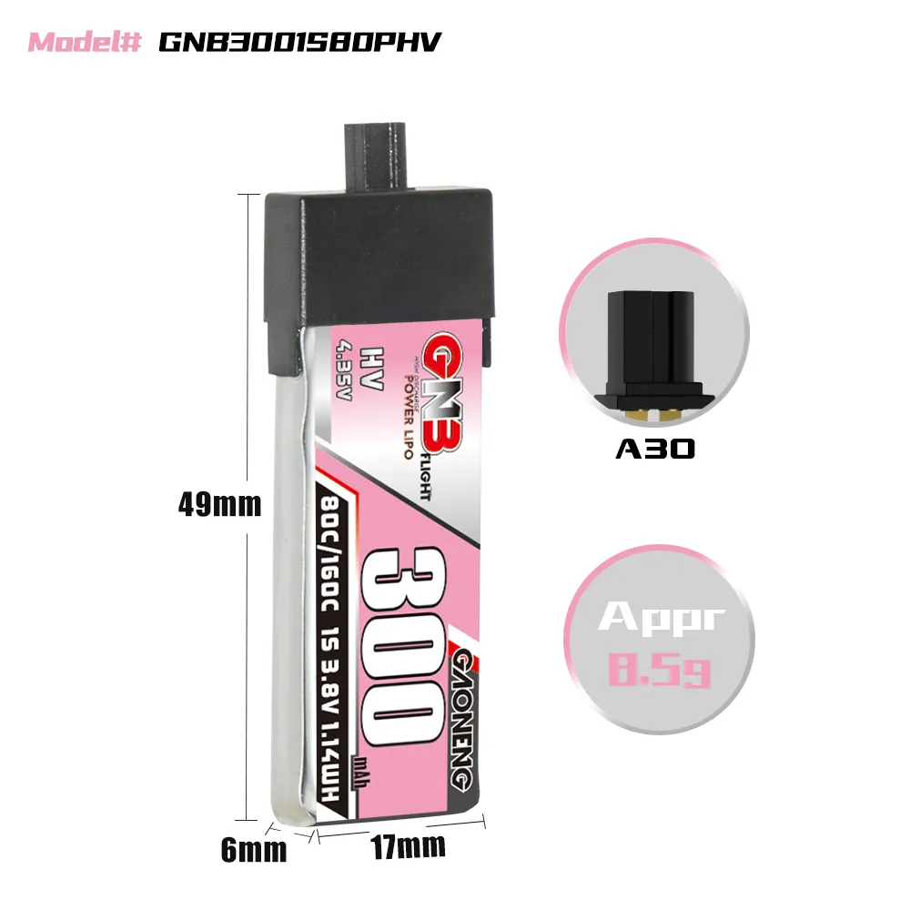 GAONENG GNB LiHV 1S 3.8V 300mAh 80C A30 Plastic Head LiPo Battery - Image 4