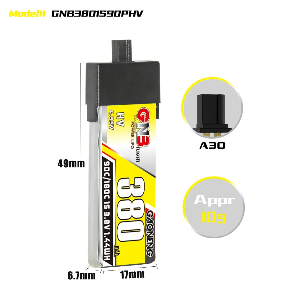 GAONENG GNB LiHV 1S 3.8V 380mAh 90C A30 Plastic Head LiPo Battery - Image 4