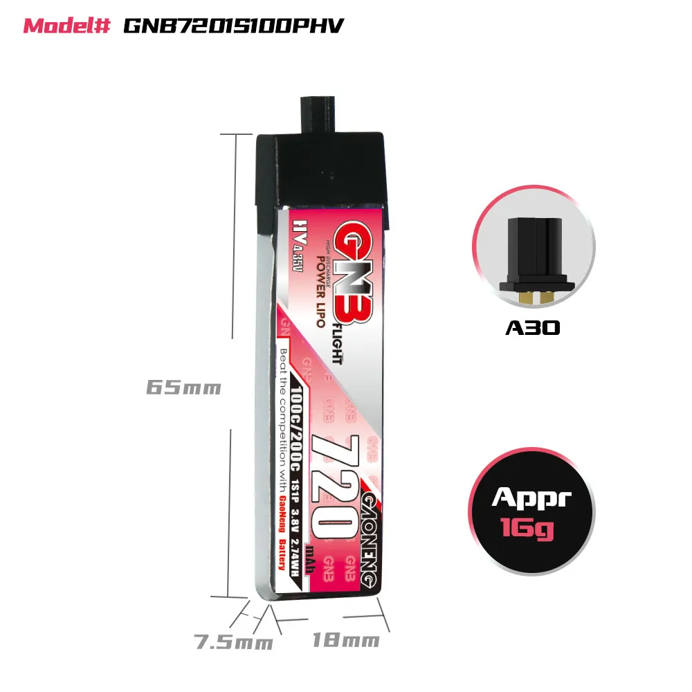 GAONENG GNB LiHV 1S 3.8V 720mAh 100C A30 Plastic Head LiPo Battery - Image 5