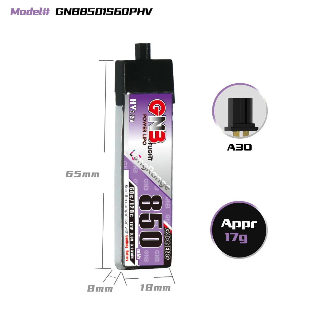 GAONENG GNB LiHV 1S 3.8V 850mAh 60C A30 Plastic Head LiPo Battery - Image 4